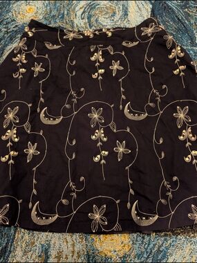 Vintage Jessica Black Skirt with Ivory Floral Embroidery